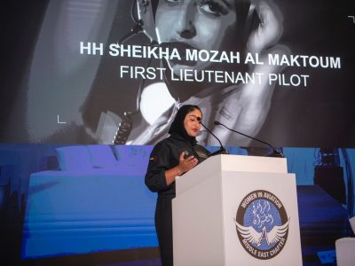 HH Sheikha Mouza Al Maktoum speaking at the Women in Aviation 10th Anniversary-min